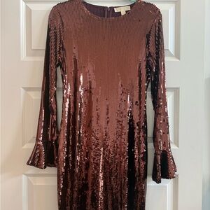 Michael Kors Sequin Long Sleeve Dress - Bronze